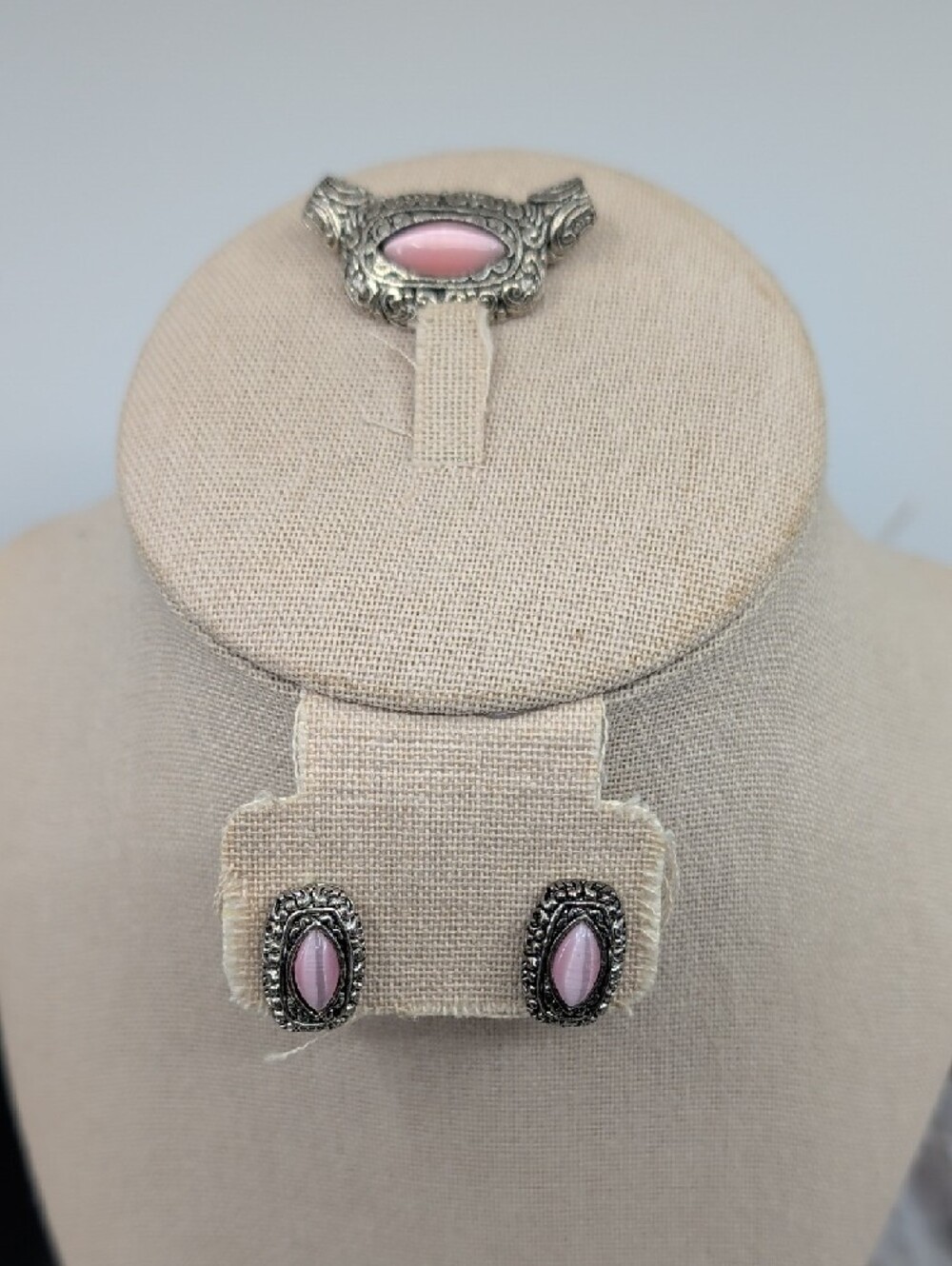 Vintage Silver Tone Pink Cat's Eye Pendant & Earring Set Demi Parure - Picture 12 of 17